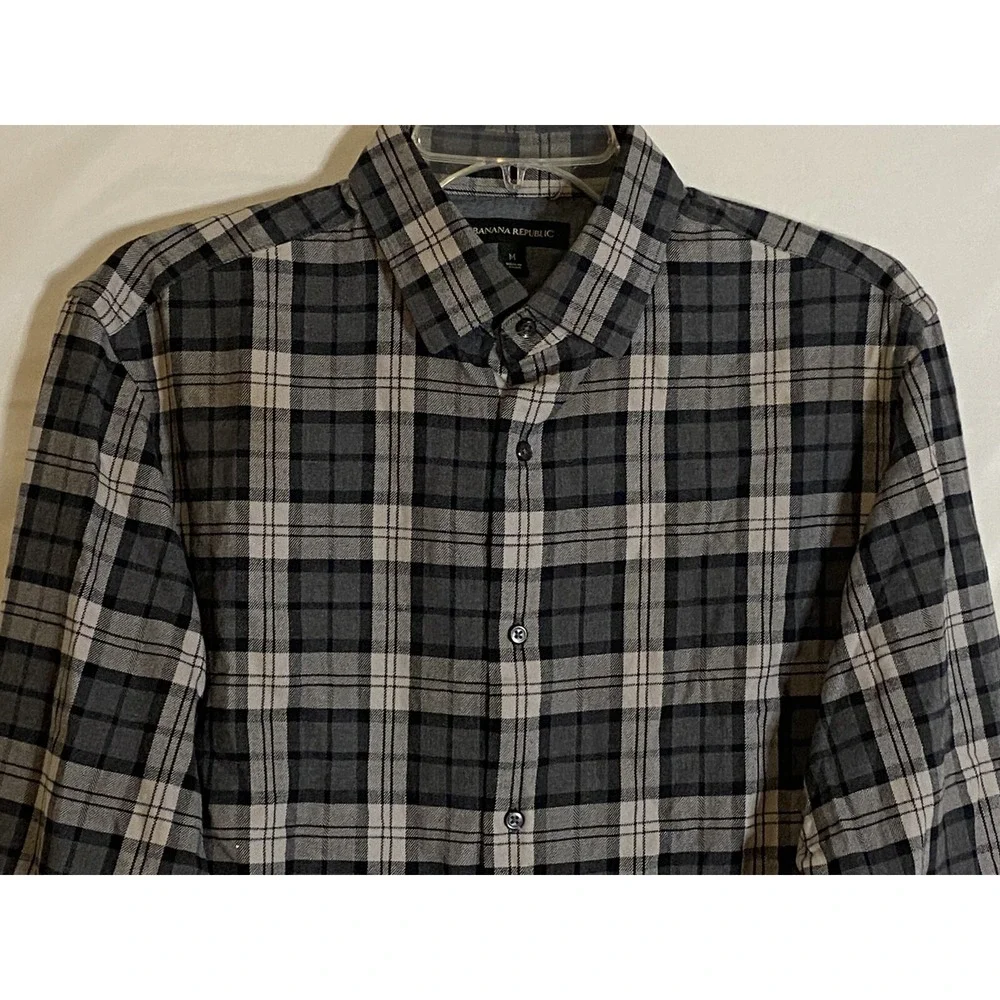 Banana Republic Men Shirt Size M Button Down‎ Gray Plaid Long Sleeve Dress Shirt